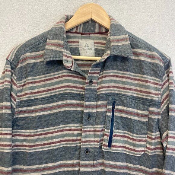 Ascend Mens Flannel Long Sleeve Button Up Shirt Medium M Pocket Textured Stripes - Picture 3 of 11